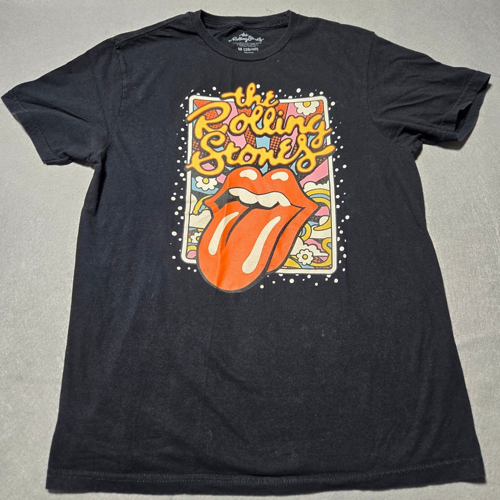 The Rolling Stones Mens Black Graphic Tee Tongue Logo Psychedelic Size M 2022